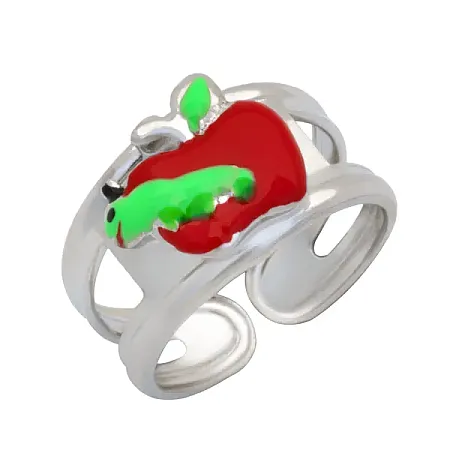 Woofie, Ασημένιο Παιδικό Δαχτυλίδι για κορίτσια, με σμάλτο, μήλο & άσπρο επιπλατίνωμα