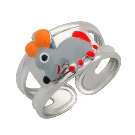 Woofie, Ασημένιο Παιδικό Δαχτυλίδι για κορίτσια, με σμάλτο, ποντικάκι & άσπρο επιπλατίνωμα