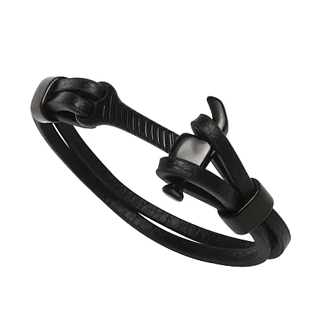 TRIBUTE, Ανδρικό Βραχιόλι από ανοξείδωτο ατσάλι με  μαύρο ρόδιο, μαύρο δέρμα & σφυρί τσαγκάρη, 21 εκατοστ΄΄α με το κούμπωμα