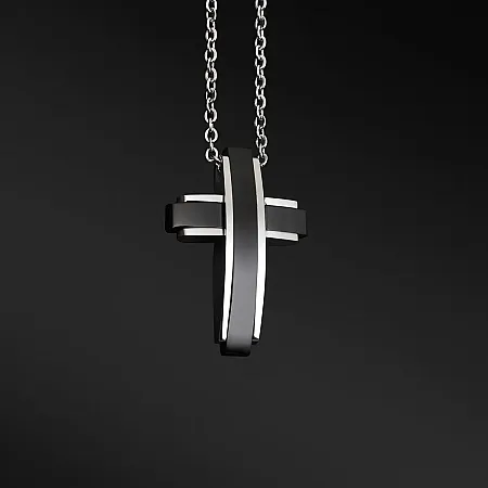 TRIBUTE, αντρικό, κολιέ, από, ανοξείδωτο, ατσάλι με σταυρό, μαύρο, επιπλατίνωμα,