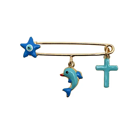 woofie, ασημένια, παιδική, καρφίτσα για νεογέννητα αγόρια με σμάλτο, "σταυρό", "μάτι βασκανίας", "δελφίνι", επιπλατινωμένη ή επιχρυσωμένη-0730142602