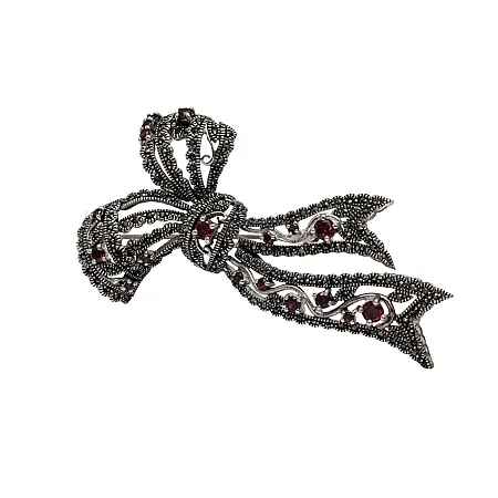 Kαρφίτσα, ασημένια, γυναικεία, οξειδωμένη, φιόγκος, με ορυκτές πέτρες , μαρκασίτες & κόκκινα ζιργκόν, 7,5Χ4 εκατοστά, silverline, 0730132201