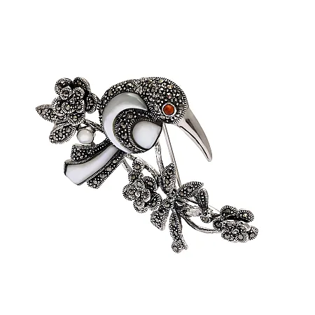 Kαρφίτσα, ασημένια, γυναικεία, οξειδωμένη, με ορυκτές πέτρες , μαρκασίτες , άσπρο φίλντισι & κόκκινο ζιργκόν, 6,5Χ4,3 εκατοστά,με πουλί & λουλούδια, silverline, 0730097501