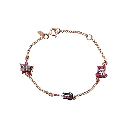 Woofie, ασημένιο, παιδικό, βραχιόλι, για κορίτσια, με σμάλτο, χρυσόσκονη, κιθάρα, μπλουζάκι & ροζ επιχρύσωμα