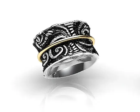 Δαχτυλίδι ασημένιο, γυναικείο με φλούδα  χρυσού Κ18 και ασπρόμαυρο επιπλατίνωμα, silverline, 0430658201