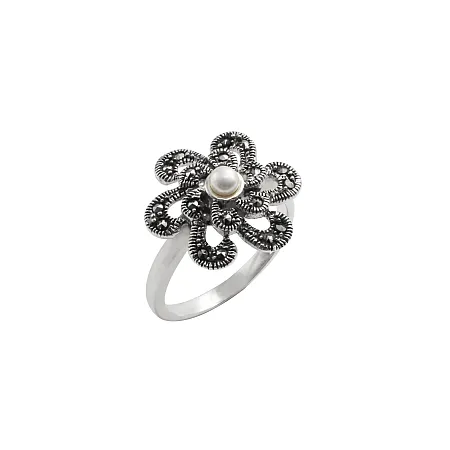 silverline,, ασημένιο, γυναικείο, δαχτυλίδι, λουλούδι με πέρλα, μαρκασίτη, άσπρο, επιπλατίνωμα,