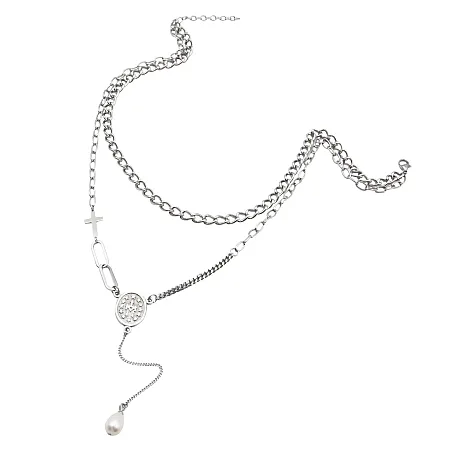 silverline, γυναικείο ,κολιέ, ροζάριο,από ,ανοξείδωτο, ατσάλι με άσπρο μαργαριτάρι, 45cm,