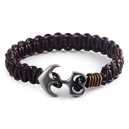 Βραχιόλι ανδρικό από ανοξείδωτο ατσάλι με καφέ  δέρμα & ματ άγκυρα, 20,5 εκατοστά με το κούμπωμα, TRIBUTE