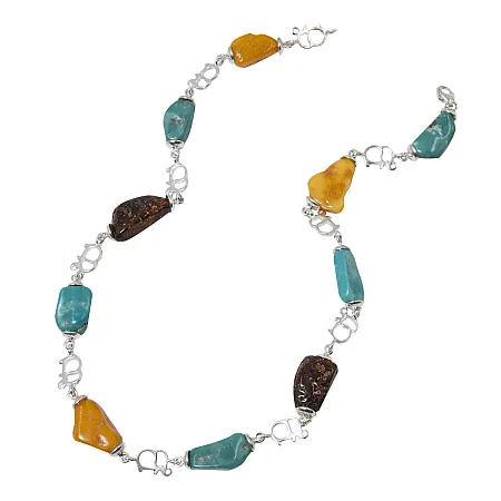 Κολιέ με κεχριμπάρι, τυρκουάζ & ελέφαντες, χειροποίητο, ασημένιο, 46cm,γυναικείο,silverline