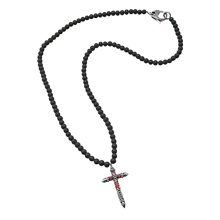 TRIBUTE, ανοξείδωτο ατσάλι,unisex, κολιέ, ροζάριο, μαύρος, όνυχας με σταυρό, διπλής, όψεως με κόκκινα, ζιργκόν,70εκατοστών