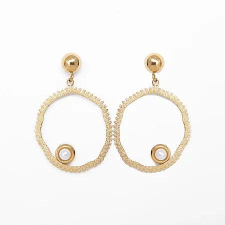 Σκουλαρίκια γυναικεία, εντυπωσιακά, μήκος 3,7 εκατοστά, από ανοξείδωτο ατσάλι, με κίτρινο επιχρύσωμα & μαργαριτάρι, καρφωτά,silverline, 0130551401,