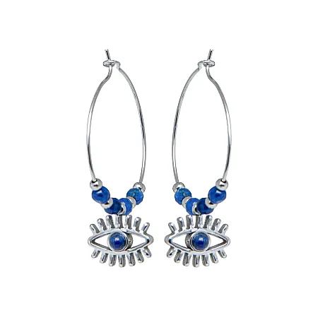 Σκουλαρίκια γυναικεία, μεσαίοι πολύ λεπτοί κρίκοι, 3,7 εκατ. μήκος, 2,5 εκατ. διάμετρος, με μάτι βασκανίας & πέτρες λάπις, ανοξείδωτο ατσάλι, silverline, 0130551001,,