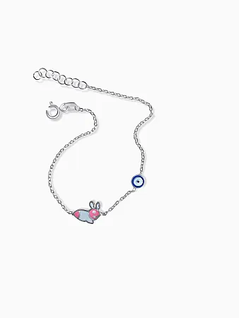 Ασημένιο, παιδικό βραχιόλι για κορίτσια, με σμάλτο, ροζ με λευκό λαγουδάκι, μάτι βασκανίας,14,5 εκατοστά μήκος με αλυσίδα επέκτασης 2,4 εκατοστών, woofie, WBRA 12,