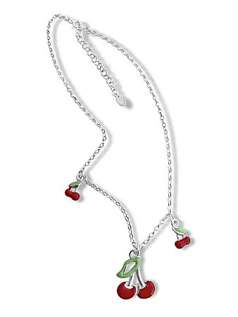 Κολιέ, παιδικό, για κορίτσια, ασημένιο, με κερασάκια & σμάλτο διπλής όψης, επιχρυσωμένο ή επιπλατινωμένο, 31 εκατοστά μήκος +5,5 εκατοστά αλυσίδα επέκτασης, woofie, 0330297501,