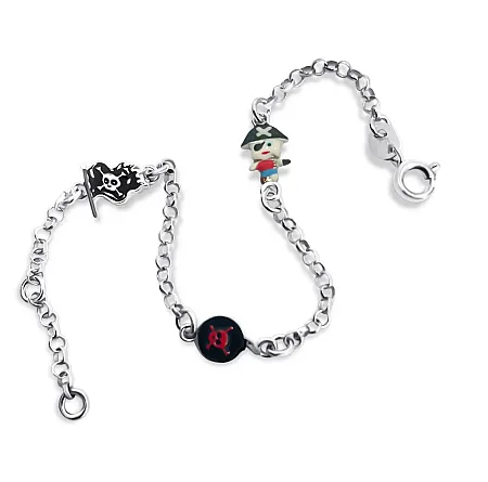 Βραχιόλι, ασημένιο, παιδικό, για αγόρια, με σμάλτο διπλής όψης,  πειρατή, σημαία πειρατική, λάβαρο πειρατή, 15εκατοστά μήκος συν 2 εκατοστά επιπλέον αλυσίδα επέκτασης, με άσπρο επιπλατίνωμα, free size, woofie, 0230371701,