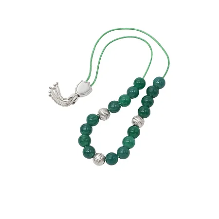 Κομπολόι, ασημένιο, unisex, χειροποίητο, με 16 πράσινους αχάτες & 3 ασημένιες μπόκολες, μήκος 26 εκατοστά, 10χιλιοστά οι πέτρες, με πράσινο βαμβακερό κορδόνι, TRIBUTE, 3120003603