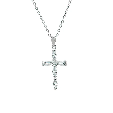 Κολιέ με σταυρό, ασημένιο, γυναικείο, με ζιργκόν & άσπρο επιπλατίνωμα, 3,5Χ1,5 εκατοστά ο σταυρός, σε 3 διαφορετικά μήκη η καδένα 40, 45 & 50 εκατοστά, silverline, 0530104101NE