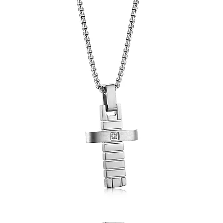 Κολιέ ατσάλινο , ανδρικό, με ζιργκόν, σταυρό 3Χ1,5 εκατοστών  & καδένα 50+5 εκατοστών με επέκταση, TRIBUTE,0330345801